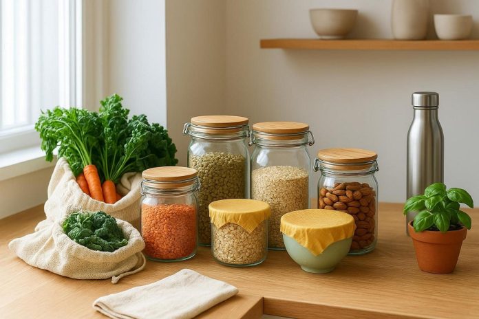 Reusable glass jars, fresh vegetables, cloth produce bags and a stainless steel water bottle arranged in a low-waste kitchen.