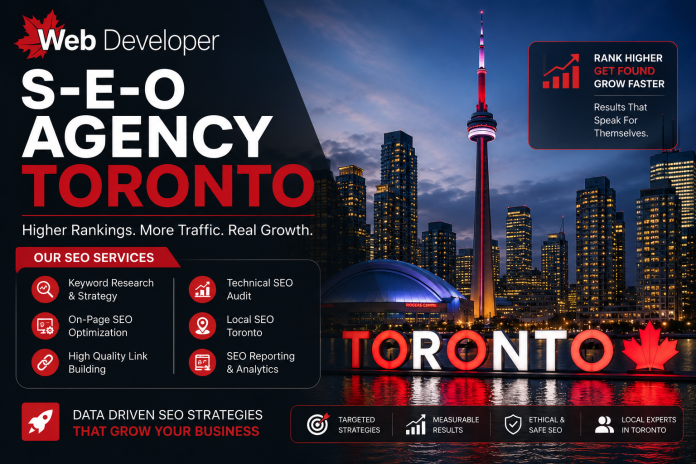 SEO Agency Toronto promotional graphic featuring the Toronto skyline and CN Tower with messaging about higher rankings, increased traffic and SEO services.
