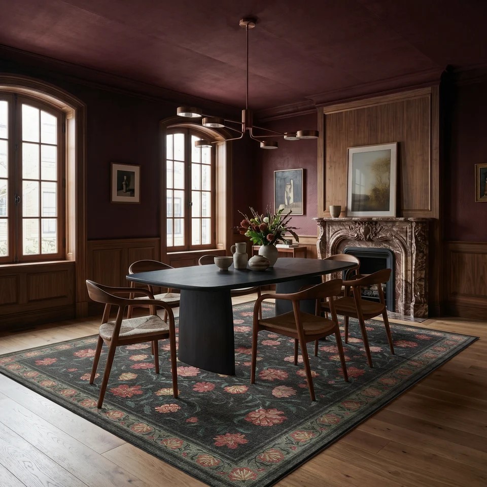Elegant dining room with a dark floral rug, modern table, wood accents and a decorative fireplace.