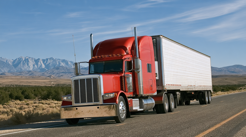 Red Class 8 semi truck with trailer on the highway, illustrating new and used semi truck prices