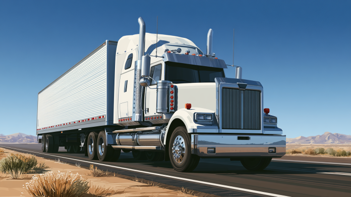 white semi White semi truck with trailer traveling on a highway, illustrating semi truck costs in 2026