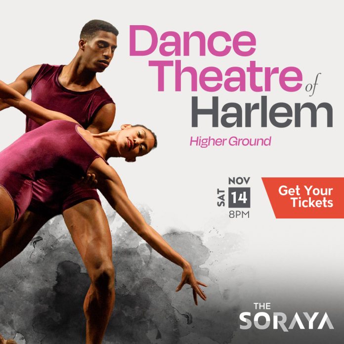Dance Theatre of Harlem dancers performing a dramatic ballet pose in a promotional image for Higher Ground at The Soraya on November 14, 2026.
