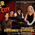 Promotional artwork for A Killer Night in Studio City at Vitello’s, featuring the cast in 1950s attire and details for the immersive murder mystery dinner experience.