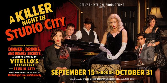 Promotional artwork for A Killer Night in Studio City at Vitello’s, featuring the cast in 1950s attire and details for the immersive murder mystery dinner experience.