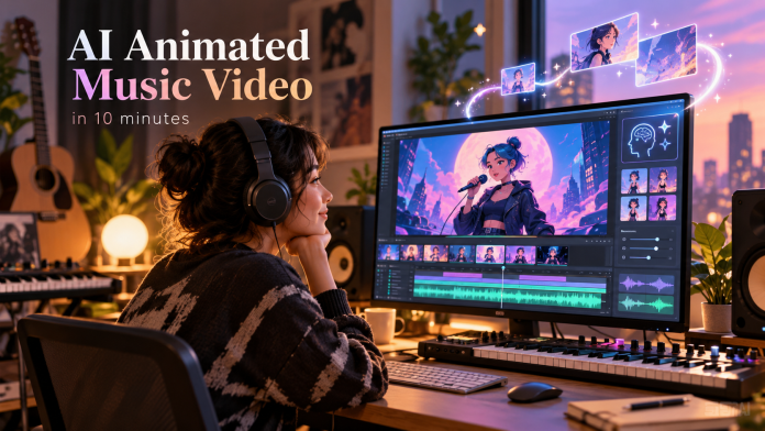 Independent musician creating an AI animated music video using animation and music editing software in a home studio.