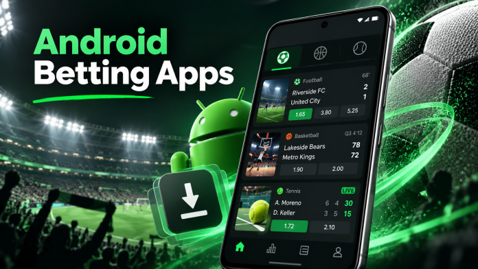 Android Betting Apps in the Stadium Android betting apps shown on a smartphone with live football, basketball and tennis markets in a stadium setting.