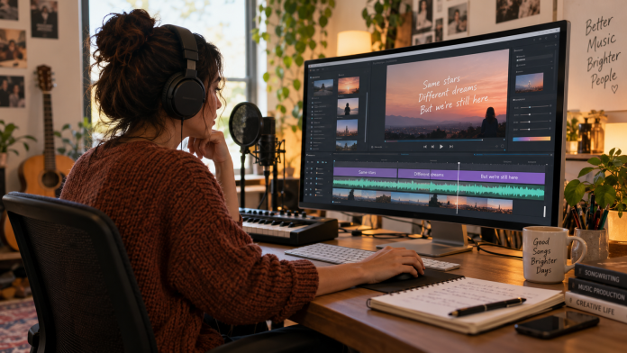 Musician wearing headphones creates a lyric video on a computer, using video editing software to synchronize song lyrics, music and visuals.