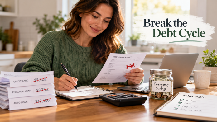 Woman reviewing paid-off bills and budgeting with emergency savings to avoid new debt and break the debt cycle.