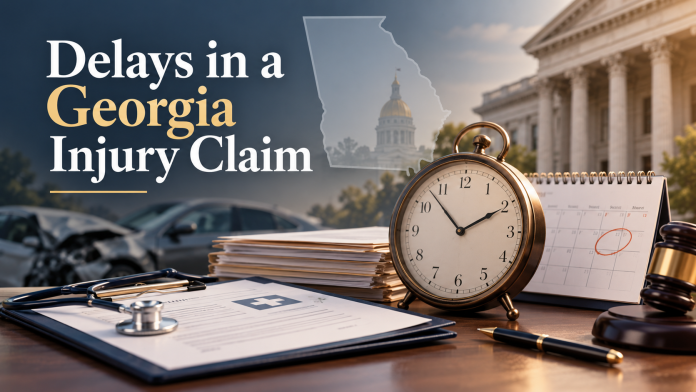Georgia personal injury claim delays illustrated with a clock, medical records, courthouse, gavel and damaged car.