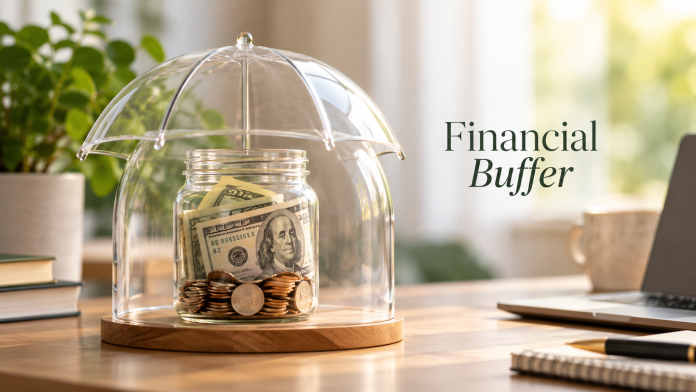 Financial buffer concept with cash and coins protected under a clear dome on a desk.