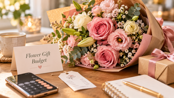 Flower Gift Budget Still Life Flower gift budget concept with a bouquet, calculator, receipt, gift box and planning notebook on a table.