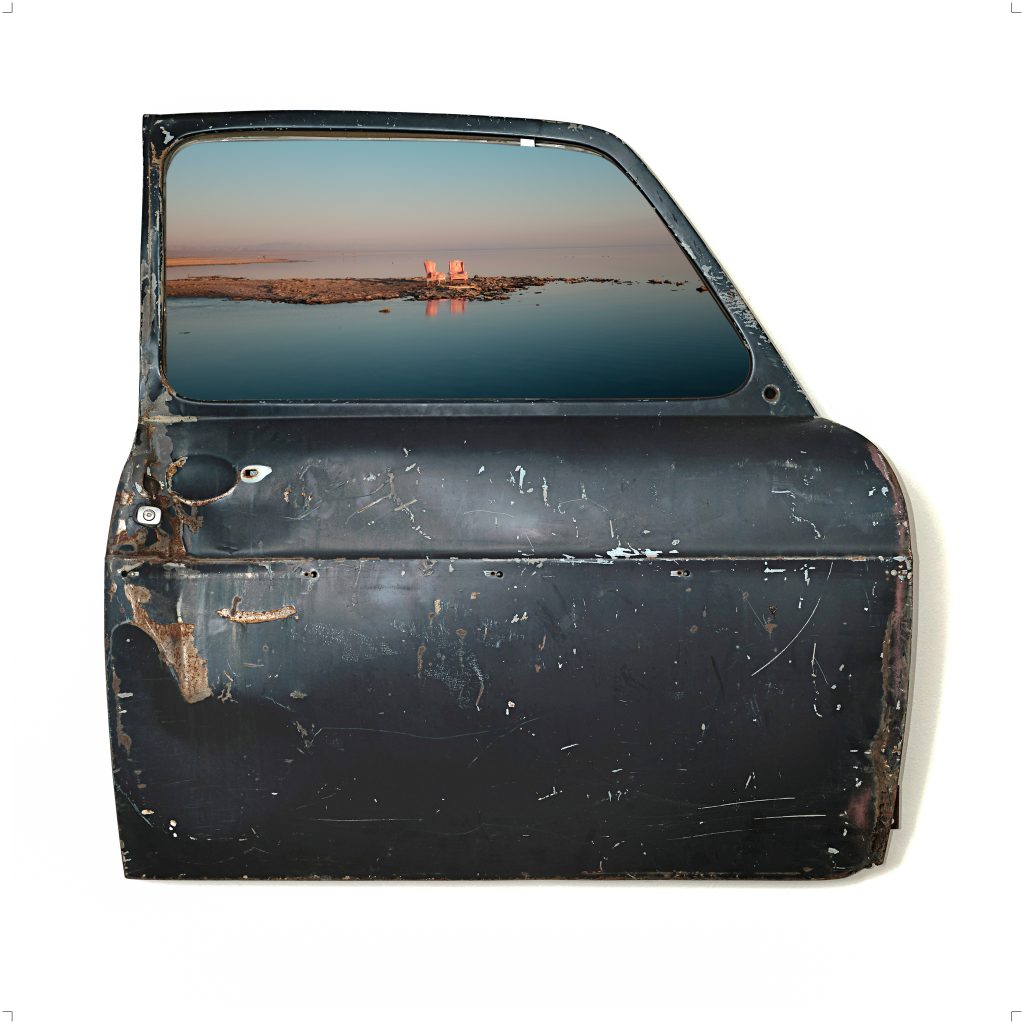 Katherine Flynn artwork combining a weathered car door with a tranquil landscape photograph visible through the window opening.