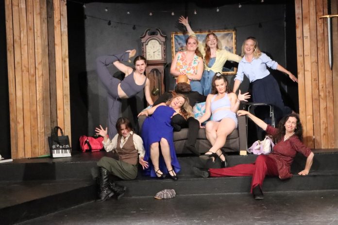 IMG_2786 Large Cast of Malice in Malibu strikes playful poses onstage in Above The Curve Theatre's musical murder mystery in North Hollywood.