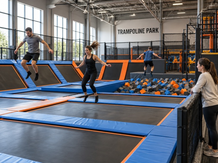 Adults jumping on trampolines at an indoor trampoline park featuring padded jumping areas, safety netting and foam pits.