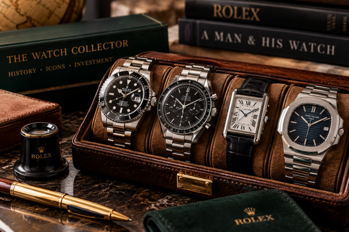 Luxury watch collection featuring Rolex, Omega, Cartier and Patek Philippe-style timepieces displayed in a leather watch case with collector accessories.