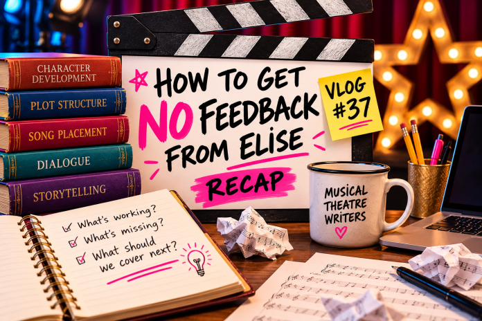 Musical Theatre Writers_ No Feedback Recap Colorful musical theatre writing desk featuring a clapperboard reading “How to Get NO Feedback from Elise, Vlog #37 Recap,” surrounded by scripts, music sheets and writing books.