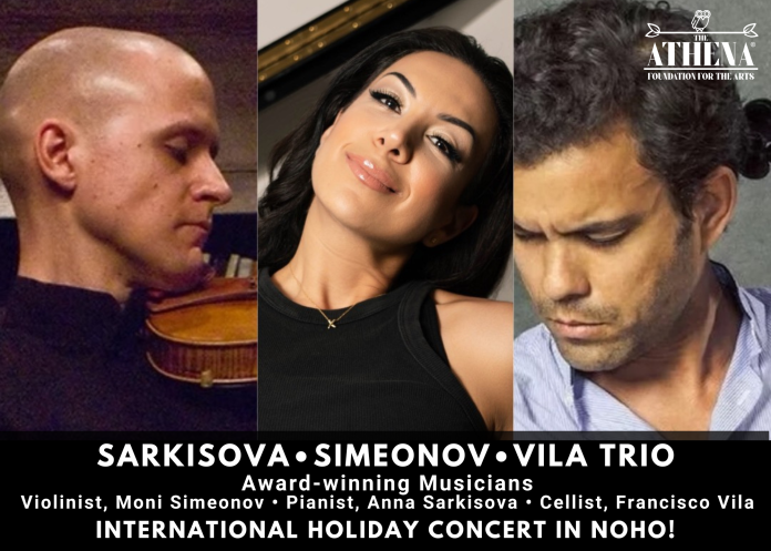 Sarkisova, Simeonov and Vila Trio promotional image featuring pianist Anna Sarkisova, violinist Moni Simeonov and cellist Francisco Vila for the International Holiday Concert in NoHo.