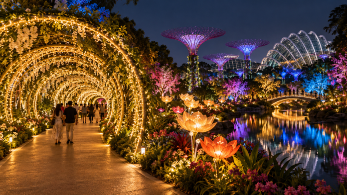 Visitors walking through a glowing light trail at a botanical garden, featuring illuminated arches, colorful floral sculptures and reflections across a pond at night.