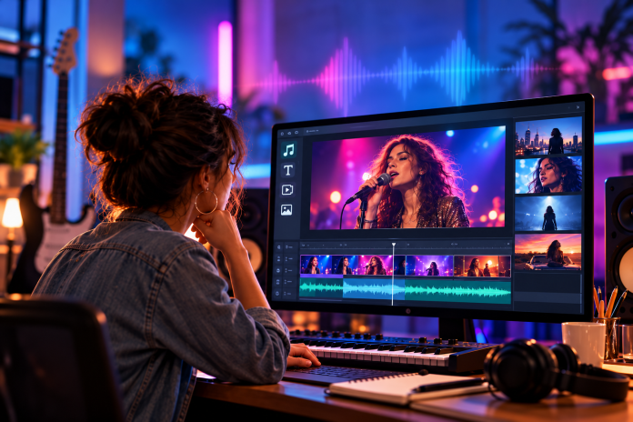 AI music video generators used to edit a singer's performance, with video clips, audio waveforms and a music production timeline on a computer screen.