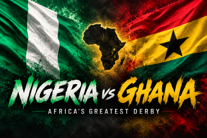Nigeria vs Ghana football rivalry graphic featuring both national flags, a map of Africa and the words Africa’s Greatest Derby.