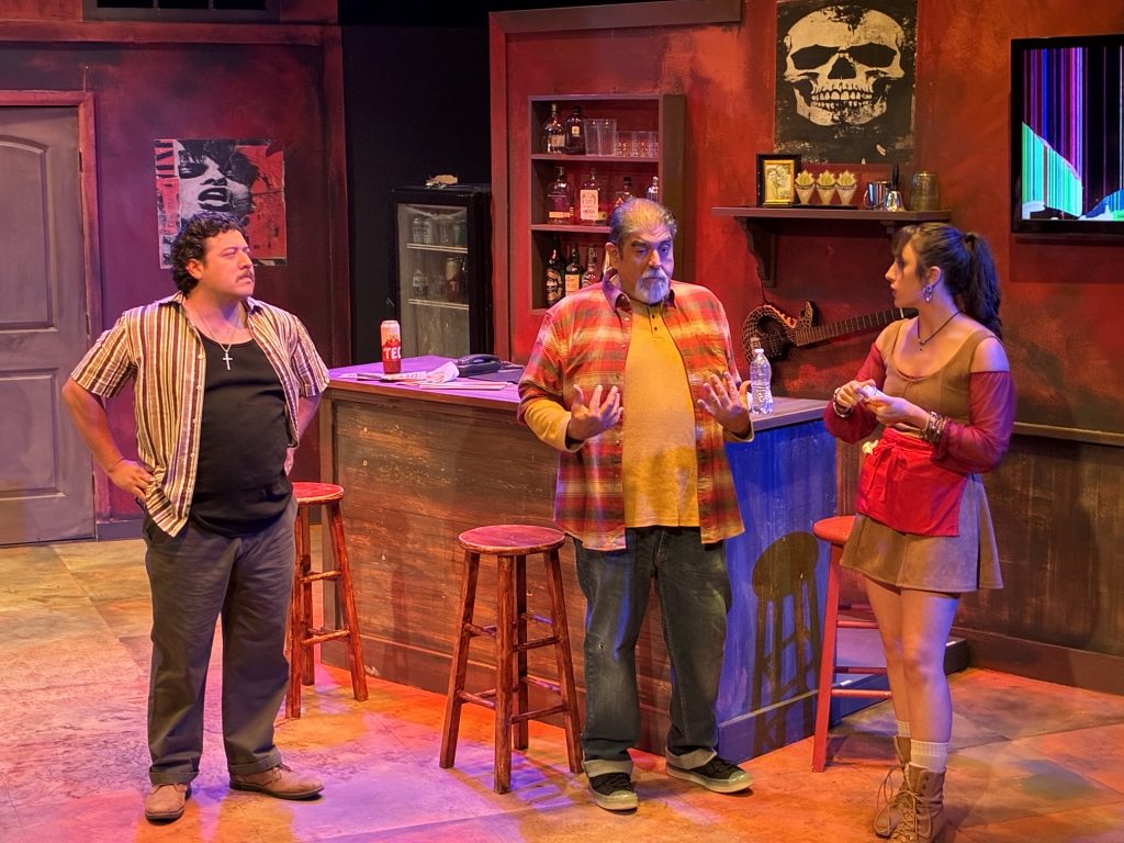 Gilbert Reynoso, Oscar T. Basulto and Arezu Tavakoli perform a dramatic scene in Dive Bar at CASA 0101 Theater.