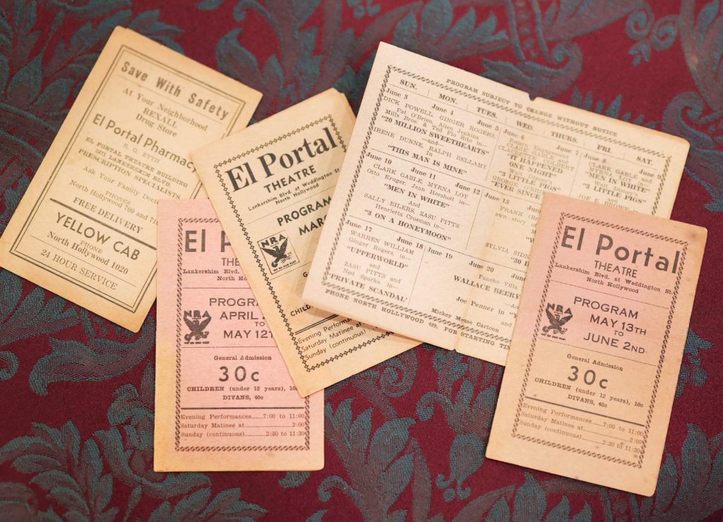 Vintage El Portal Theatre programs and movie schedules featuring 1930s films, admission prices and advertisements from the historic North Hollywood theatre.
