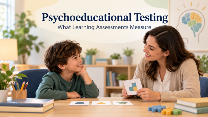 Psychoeducational Testing_ Learning Together Psychoeducational testing session with a child and psychologist using learning assessment cards to evaluate cognitive and learning skills.
