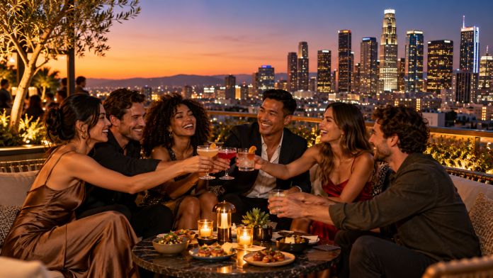Rooftop Toast Over Los Angeles Group night out in Los Angeles with friends enjoying cocktails at a rooftop lounge overlooking the Downtown LA skyline.