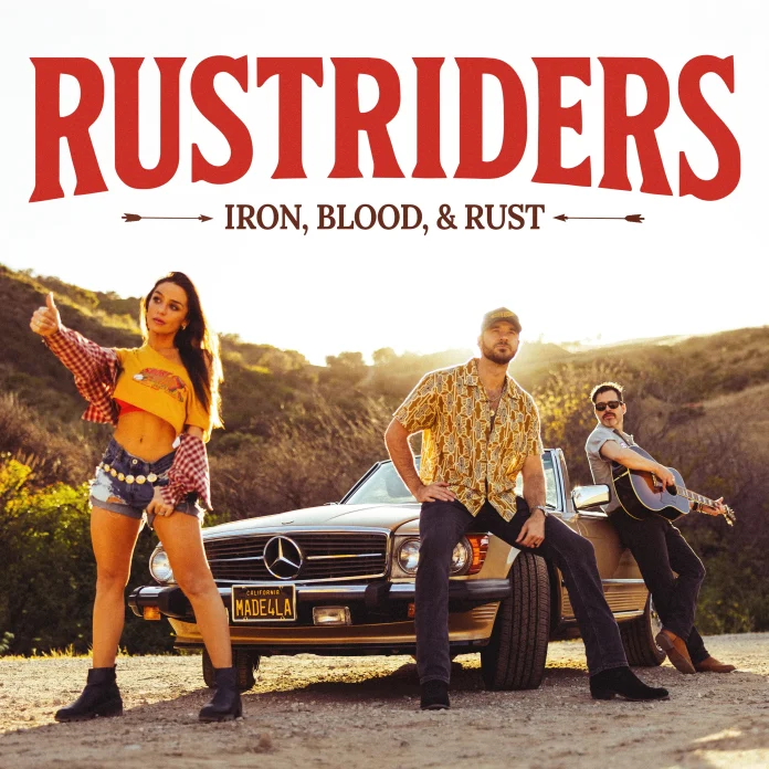 RustRiders country-rock band posing beside a vintage convertible in Los Angeles.