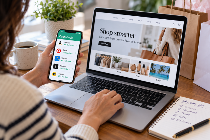 Smart Shopping and Cashback Rewards Woman comparing cash back apps and online shopping rewards on her smartphone and laptop to save money on everyday purchases.