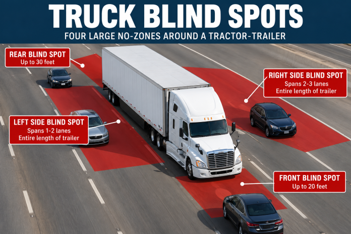 Truck Blind Spots_ Four No-Zones Infographic showing four tractor-trailer blind spots, with red danger zones highlighting areas where smaller vehicles may disappear from the truck driver's view.