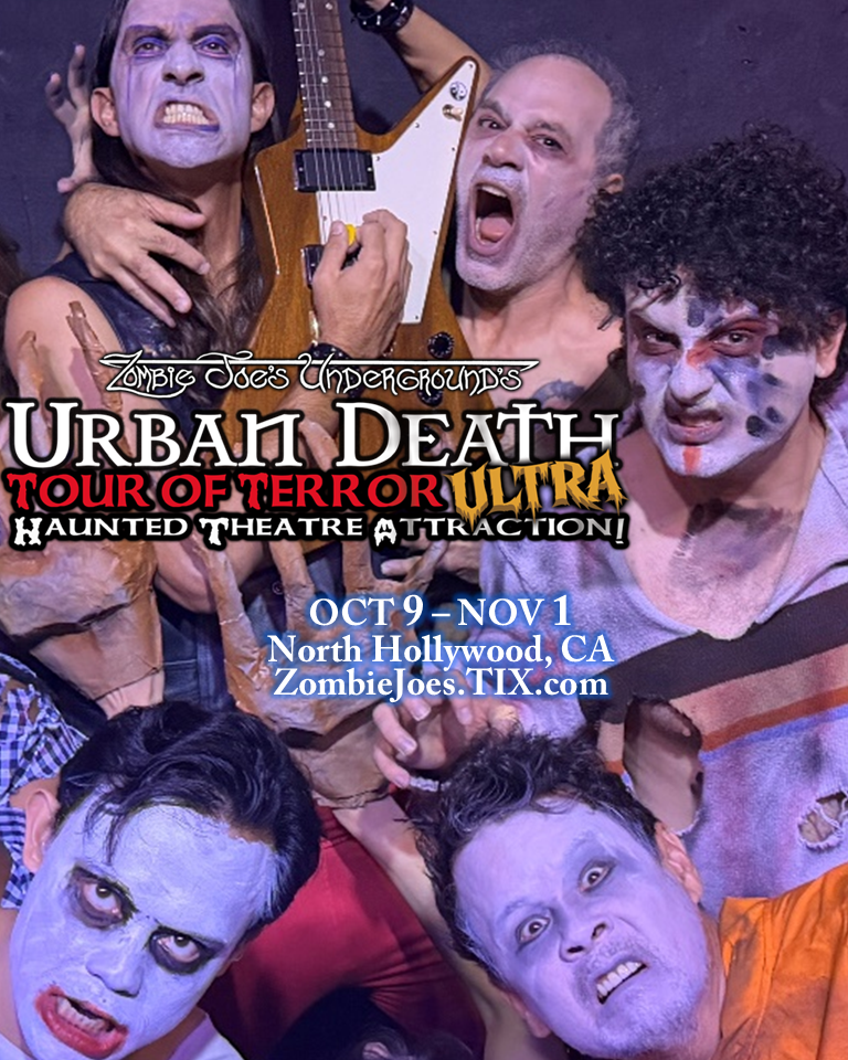 Promotional poster for Zombie Joe's Urban Death Tour of Terror ULTRA 2026, featuring a terrifying ensemble of performers in zombie makeup.