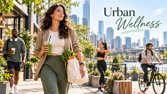 Urban wellness scene with a woman carrying fresh produce and a green drink as people walk, stretch and cycle in the city.