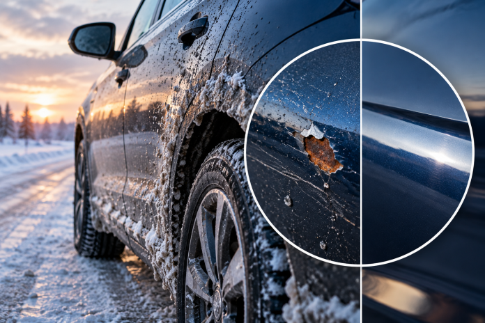 Winter car paint damage from road salt and freezing temperatures, showing chipped, rusted paint compared with a smooth, restored finish.