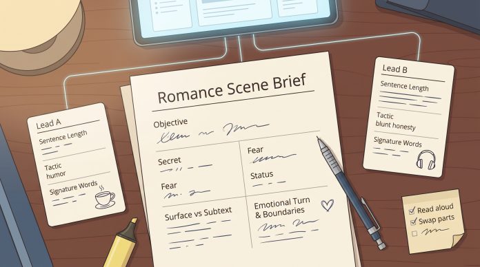 a-conceptual-graphic-showing-scene-brief-elements-and-voice--1790302063571 Illustration of an AI romance story writing worksheet with character profiles, dialogue techniques, emotional conflict and scene planning.