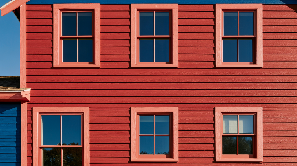 Red-painted vinyl siding on a multi-window home exterior, showing a finished siding paint application.