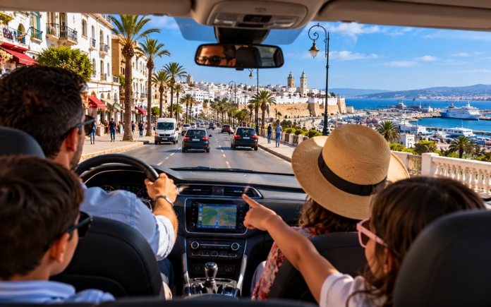 Travelers driving through Tangier, Morocco, overlooking the Mediterranean coastline and harbor during a northern Morocco road trip.