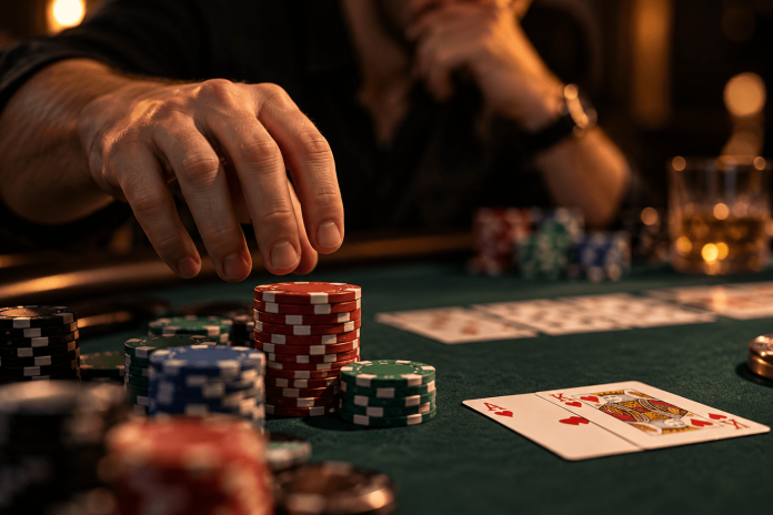 image Poker player reaching for chips at a green felt table while holding playing cards during a pot odds example.