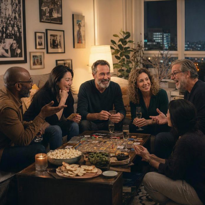 image Six friends enjoying NoHo game night ideas with board games, snacks and conversation in a cozy living room.
