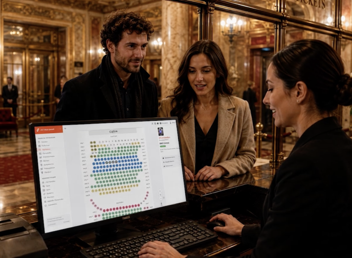 media Entase: The Next Technology Shift for Theaters Theater box office staff member using a digital seating chart while assisting patrons, illustrating modern theater ticketing and box office technology.