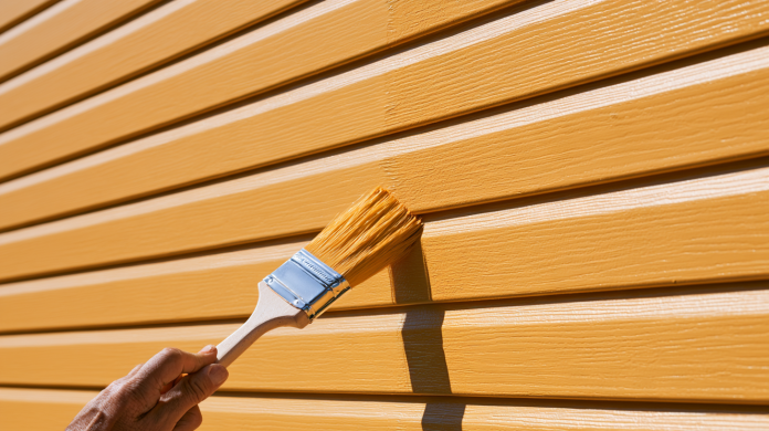 yellow paint brush A paintbrush applying yellow exterior paint to vinyl siding, illustrating how plastic siding can be repainted.